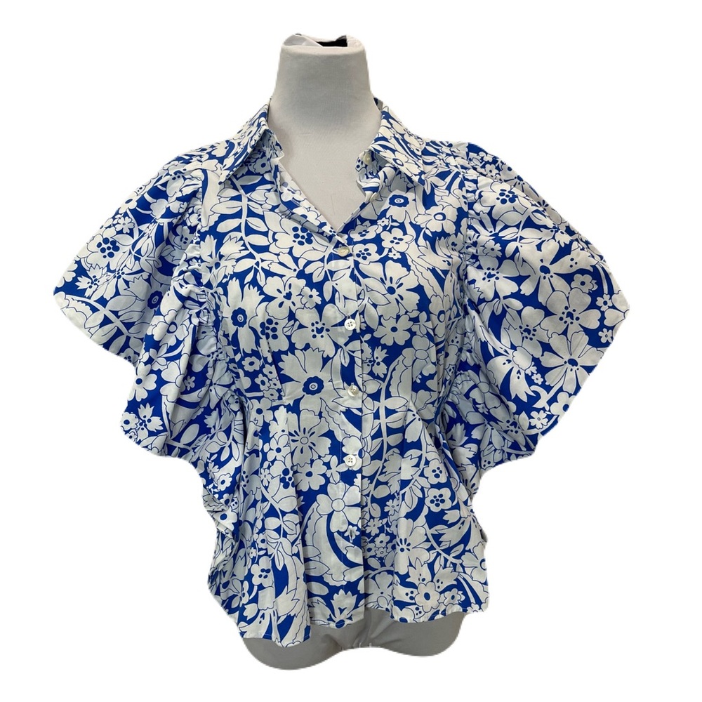 Zara Floral Blue and White Butterfly Sleeve Women's Top Size Medium NWT